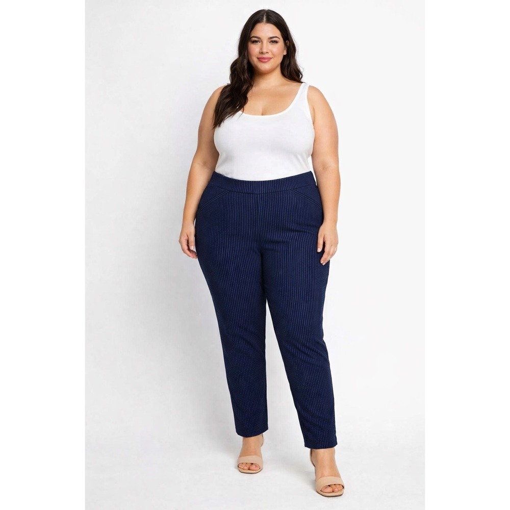 Briggs Womens Navy Blue Pinstripe Pull On Dress Pants Tapered Leg Size 14
